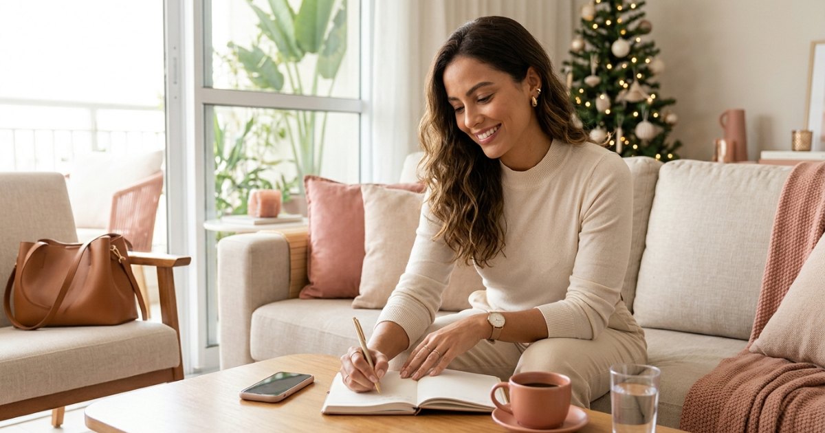 Mulher sorrindo no sofá enquanto planeja o uso do 13º salário num caderno